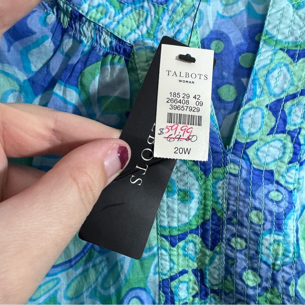 Talbots Womens 20W Blue Green Print Sleeveless Cotton Blouse NWT - Picture 4 of 5